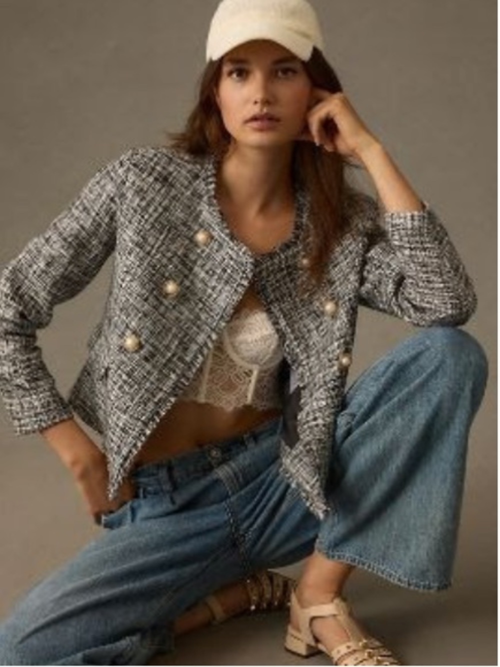 MAEVE Anthropologie Black and White Tweed Pearl-Button Blazer